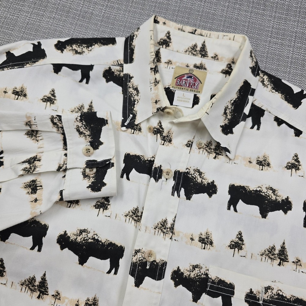 Barn Fly Shirt Mens Large White Bison Print Long Sleeve Button Up Western USA